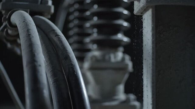 Detailed view of heavy-duty electrical wiring and ceramic insulators within an industrial setting. Emphasizes power infrastructure.
