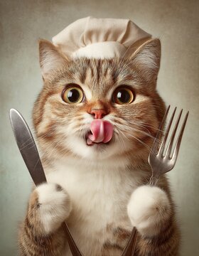 Un gato chef con gorro y tenedor-cuchillo, sacando la lengua con entusiasmo.