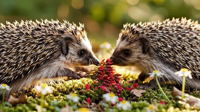 Two hedgehogs are interacting with a small bouquet of flowers. The hedgehogs exhibit curiosity as they approach the colorful blooms in the natural setting.