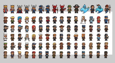 A large collection of pixel art characters in various costumes and styles, suitable for video games or digital art projects. © aiko