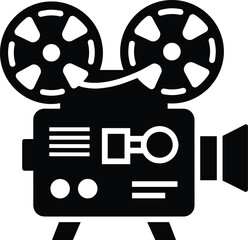 Minimal vector silhouette, vintage projector with two film reels on top, solid black, isolated on white.