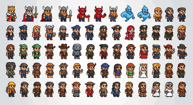 A large collection of pixel art characters, including kings, warriors, demons, police officers, and various civilians, presented in a grid format.