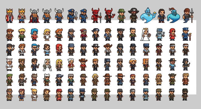 A large collection of pixel art characters in various costumes and styles, suitable for video games or digital art projects.