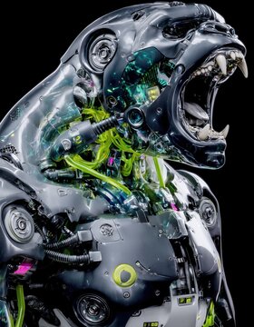 Un retrato detallado de un guepardo cibern&eacute;tico con la boca abierta, mostrando sus dientes y una intrincada maquinaria interna.