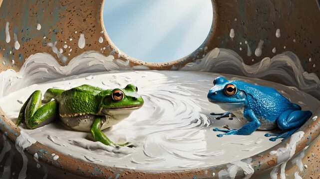Two frogs are sitting on the surface of a wet environment, one green frog and one blue frog. The shiny blue frog and green frog are positioned closely in this circular setting.