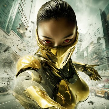 Una guerrera cibern&eacute;tica avanza con determinaci&oacute;n a trav&eacute;s de una ciudad en ruinas.