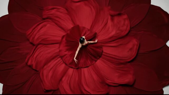 Stunning aerial view of a professional ballet dancer gracefully moving inside a giant, blossoming red flower made of fabric, creating a beautiful and artistic floral pattern on a white background