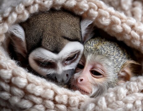 Dos peque&ntilde;os monos capuchinos acurrucados en una manta de punto grueso.