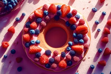 A round cake with strawberries and blueberries on top