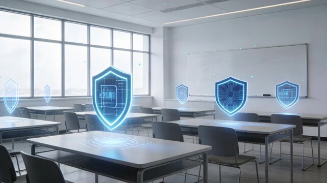 Depicts an empty classroom overlayed with shield graphics, symbolizing cybersecurity in education. Clean, modern design emphasizes safety, protection, and technological integration in learning