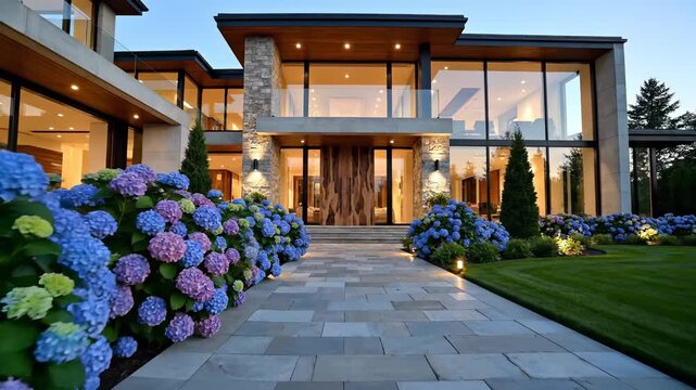 The modern house features large glass windows and stone accents. Vibrant hydrangeas in various colors line the stone pathway leading to the entrance of the house.