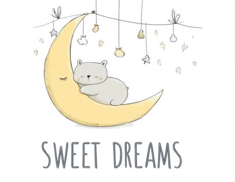 Un adorable osito dormido sobre una luna creciente, rodeado de estrellas y sue&ntilde;os.