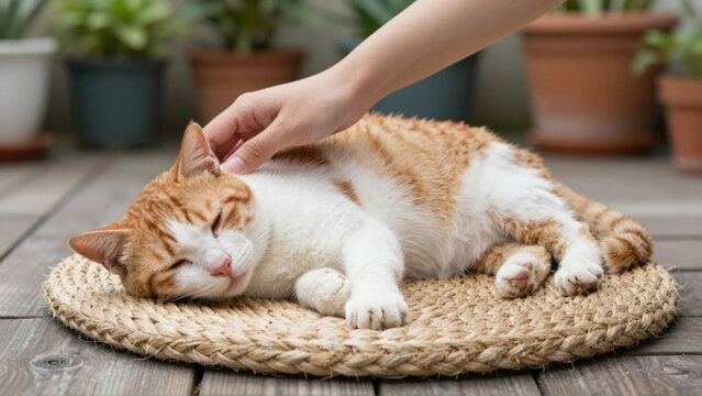 Close-up of a human hand gently petting an adorable ginger and white cat peacefully napping on a cozy woven mat indoors, depicting ultimate pet comfort and serene relaxation
