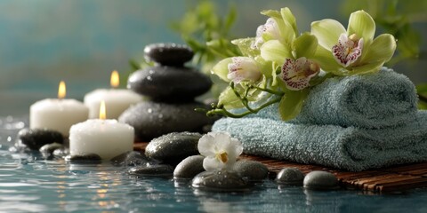 Fototapeta premium Spa setting with candles, towels, stones, and flowers on water surface during a relaxing moment in a wellness center