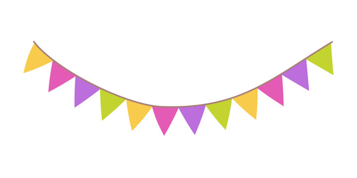 Garland colorful bunting flags on string for birthday party decoration, holiday anniversary fabric cute design, modern festive hanging decor. Isolated. Vector illustration