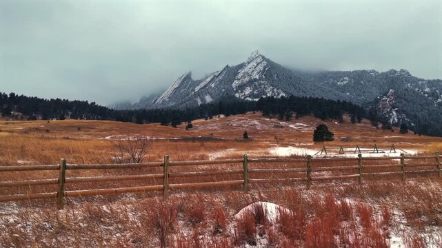 Winter Chautauqua Park Flat Irons Mountain snowing snow flakes snowfall Boulder aerial drone Colorado USA dusk sunset low clouds grass snow covered Rock formation loop trail Bear Peak upward forward