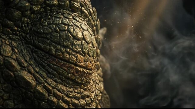 Extreme close up of a mythical creature's eye, with a fiery orange iris and a vertical pupil, blinking slowly as steam and golden particles float by in a dramatic, cinematic light