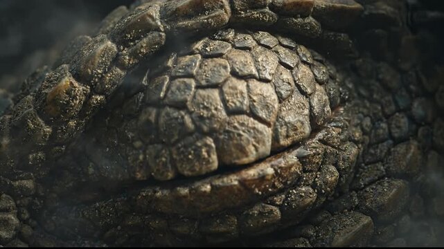 Detailed macro shot of a reptilian eye slowly blinking in a cinematic atmosphere with light rays and dust particles. The prehistoric creature's scaly skin and golden iris are visible