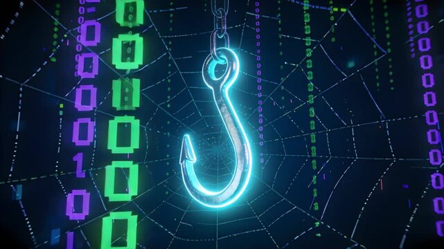 A vividly hued image of a stylized hook against a backdrop of digital code and a faint web. Symbolizes cybercrime, data theft, and online risks, set in a virtual world. Evokes danger, security, and ha