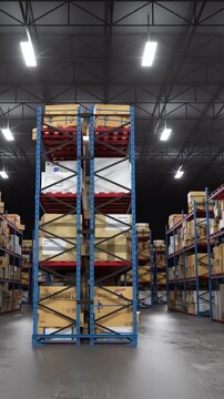 Side view of tall warehouse racks filled with cardboard boxes under bright ceiling lights