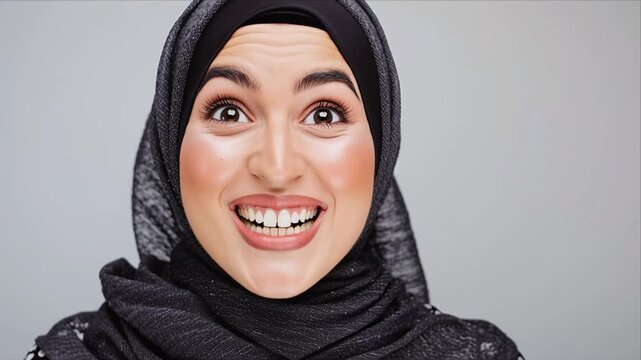 Smiling Young Woman in Hijab Showing Pleasant Surprise and Happiness, Expressing Positive Emotion