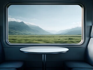 Naklejka premium Modern high-speed train interior with an empty table and copy space. Window view of open summer fields and hills. Clean visual for travel, corporate and lifestyle design