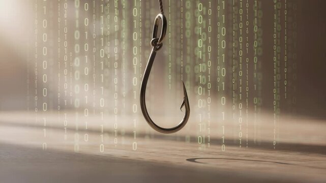 A stark image representing digital threats, this photograph features a metallic fishhook suspended against a backdrop of cascading binary code, symbolizing phishing, scams, and vulnerability online. E