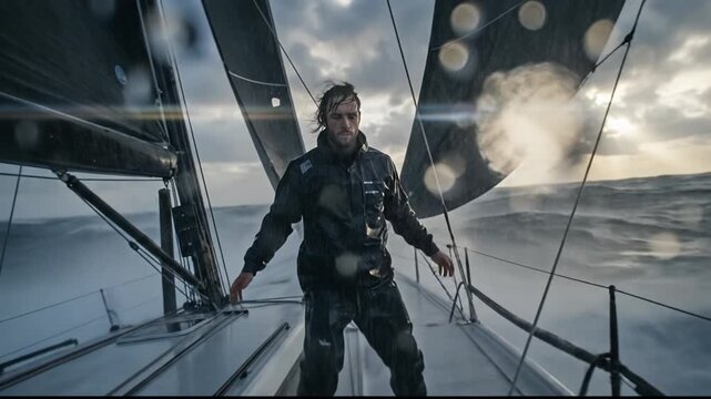 Courageous yachtsman in waterproof gear standing on the deck of a racing sailboat, embracing the challenge of navigating through a dramatic storm with large waves and heavy rain on the open ocean