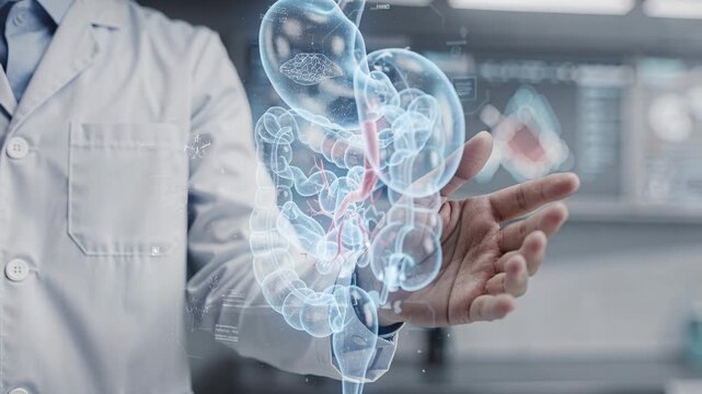 A doctor holds a holographic representation of the human digestive system, showcasing technological advancement in medicine. Perfect for illustrating innovation in healthcare, research, and education