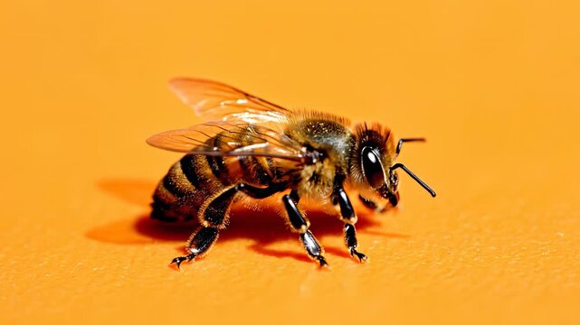 A close-up view of a bee showcasing its detailed features. The bee is resting on a vibrant orange surface, highlighting the bee&rsquo;s intricate body and wings.