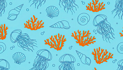 Obraz premium Seamless marine pattern with hand drawn jellyfish, orange corals and seashells on a light blue background, creative underwater vector illustration.
