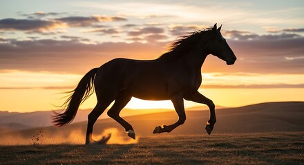 Horse Running Freely at Sunset Silhouette.