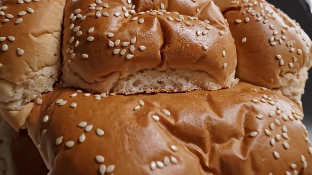 The image shows a loaf of bread featuring a unique shape with sesame seeds. This loaf of bread exemplifies different textures and a golden-brown hue throughout.