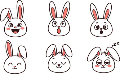 Collection of cute white bunny head icons displaying various distinct emotions like joy surprise shyness and sleepiness for digital art