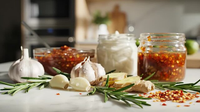 The image displays jars of sauces and fresh ingredients like garlic and ginger on a countertop. The arrangement highlights the garlic, sauces, and ginger, creating a culinary setting.