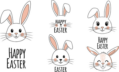 Fototapeta premium Adorable collection of hand drawn cute bunny faces and happy easter typography illustrations perfect for spring holiday celebration designs