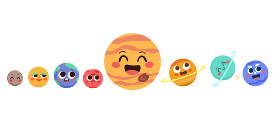 Set of cute planets of Solar System with anthropomorphic face isolated on white background on their distance order. Clip art for education and children © Kakigori Studio