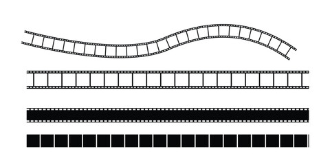 Set of film reel in black and white. Straight and wavy cinema strip. Isolated retro photo tape. Vintage template of digital video film. Cinema filmstrip set. Video banner.

