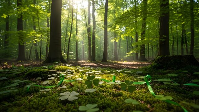 St patrick's day forest emerald green trees and shamrock flowers blooming background