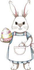 Charming watercolor illustration of an adorable bunny rabbit wearing a striped dress and white apron proudly holding a colorful decorated Easter egg.