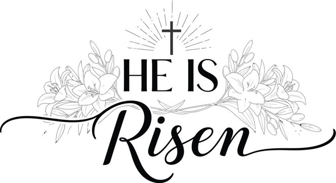 Elegant black and white vector graphic featuring the religious declaration he is risen surrounded by beautiful detailed lily floral illustrations