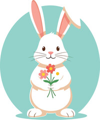 Obraz premium Adorable cartoon bunny rabbit holding a cheerful bouquet of small colorful spring flowers against a simple light blue circle background