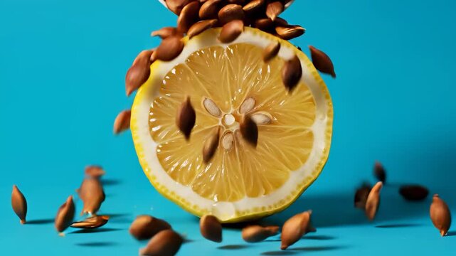 A lemon is sliced, revealing its juicy interior, while almonds fall around it. The bright lemon and scattered almonds create a vibrant scene.
