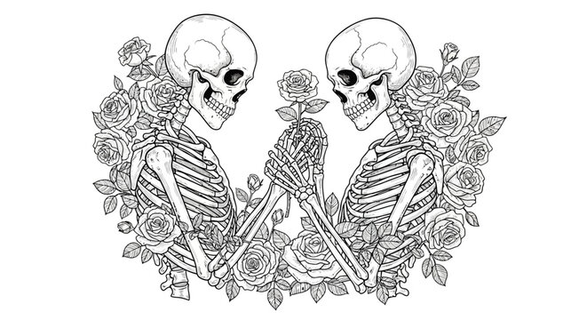 Two Skeletons Holding a Rose Surrounded by a Bed of Roses.