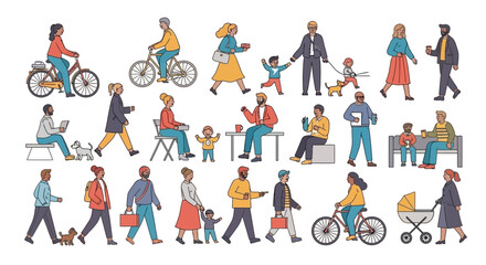 Naklejka premium A diverse collection of people engaged in various daily activities like walking, cycling, and interacting, illustrating urban life and community.