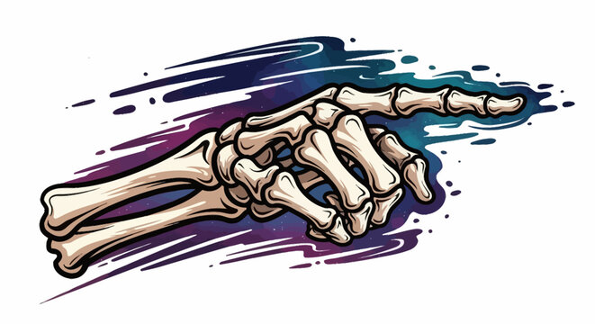 Detailed skeletal hand pointing right with a vibrant cosmic streak background.