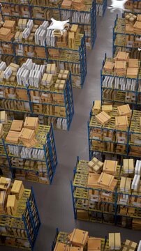 Top view of warehouse shelves filled with packages and flying drones inspecting inventory
