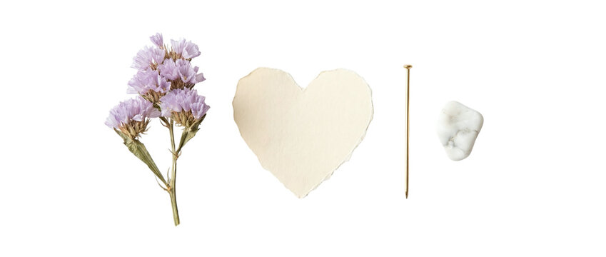 Dried purple flowers with a handmade paper heart, gold pin and white marble pebble, isolated on transparent background. Romantic scrapbook and wedding stationery elements