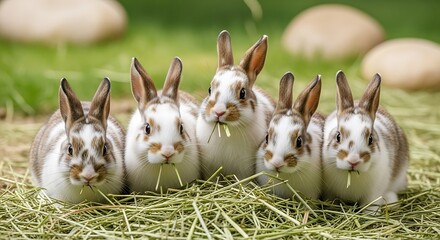Five Adorable Spotted Rabbits Enjoying a Meal Together in a Field.