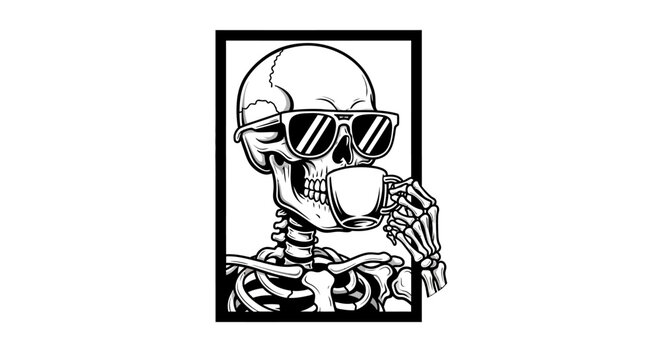 A cool skeleton wearing sunglasses and drinking from a cup, depicted in a black and white illustration.